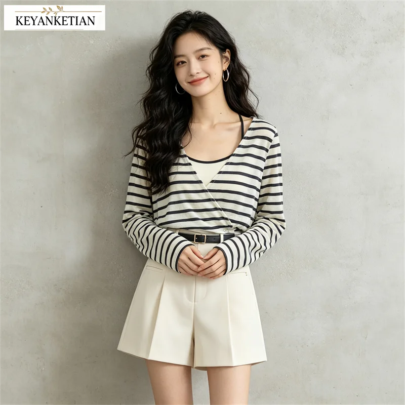 KEYANKETIAN 2026 Autumn Women 2 Piece Outfit Striped Wrap V Neck Long Sleeve Cover Up Top Crisscross Back Cami Tank Matching Set