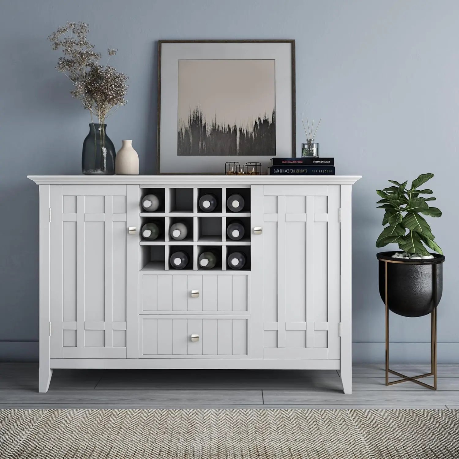 Inch Wide Transitional Sideboard Buffet and Wine Rack in White, For the Dining Room