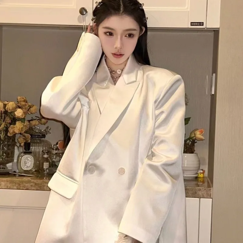 High Sense Satin Jacket Women 2024 Spring Autumn Small Korean All Loose Casual Suit Top Women\'s Clothing White Simple Coats