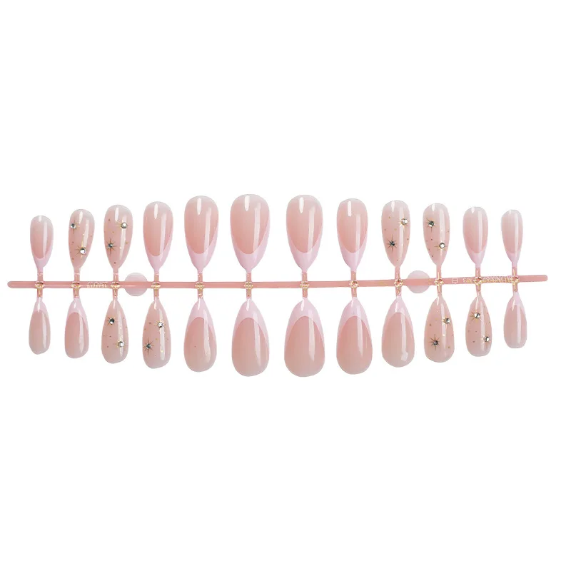 24pcs Starry Almond Simple Bare Pearl Powder Dot Diamond Press on Nails French Fake Nails Full Cover Wearable False Nails