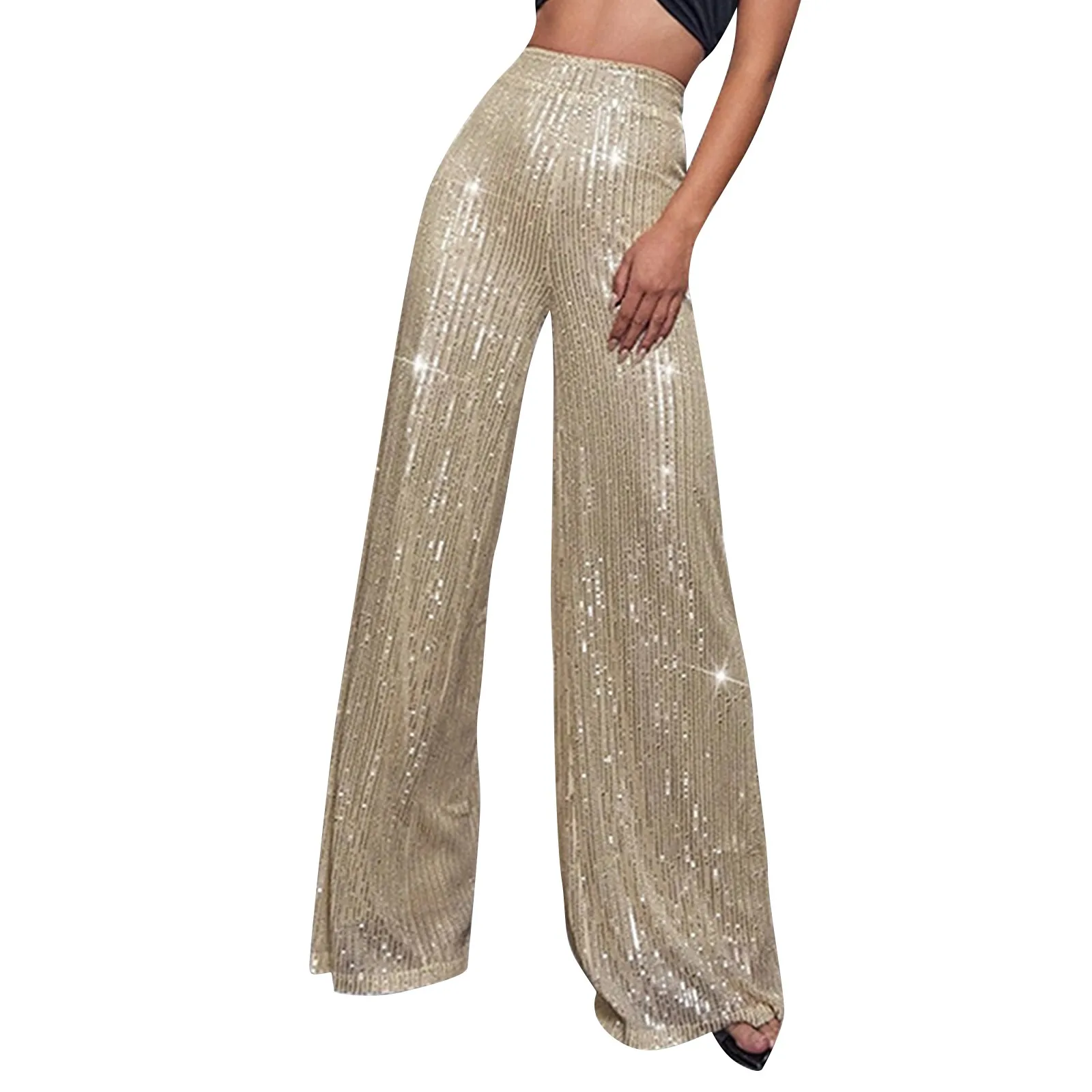 

Fashion Chic Solid Color High Waist Sequin Side Zipper Draped Wide Leg Straight Pants For Women Streetwear Stage Clothing