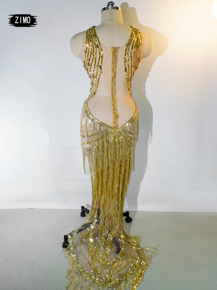 sparkly Perspective women\'s Gold rhinestone sequin fringe Long Dress dancing tassel romper Queen\'s Stage Evening prom party DS