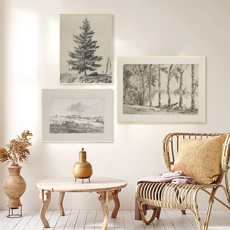 Antique Rustic Pine Oak Tree Sketch Drawing Neutral Botanical Landscape Poster Wall Art Pictures Canvas Painting Home Decor