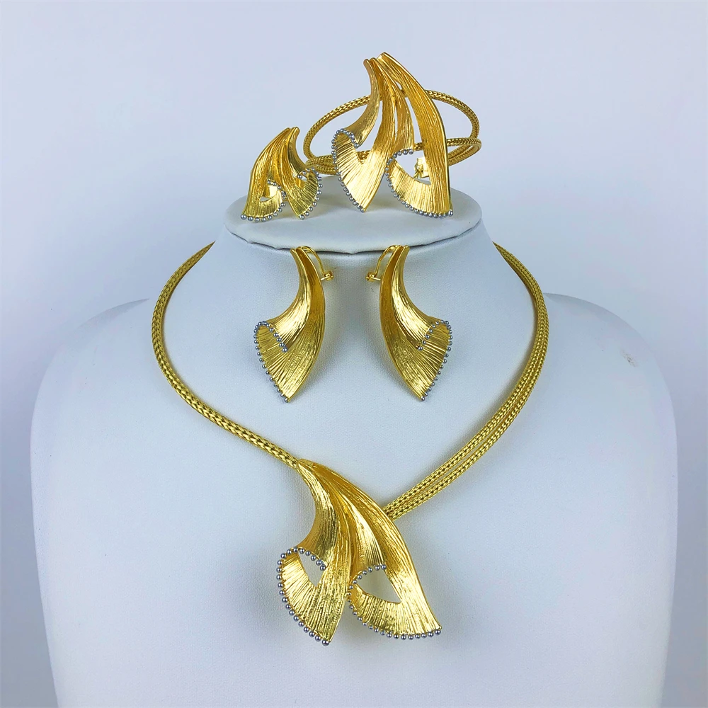TITI Dubai 18K Gold Plated Women Jewelry Set Classic Design Feather Necklace Earrings Bracelet And Ring 4PCS Set Party Jewelry