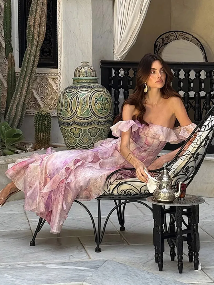 Elegante em camadas babados impresso vestido feminino chique fora do ombro cintura cinched vestidos longos 2025 verão festa à noite clube vestidos