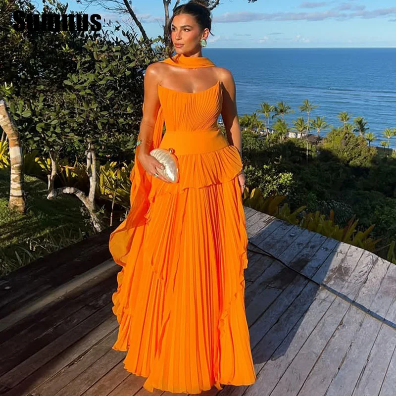 

Sumnus Elegant A-Line Orange Evening Dresses Boat Neck Floor-Length Formal Occasion Dresses فساتين سهرة Customized