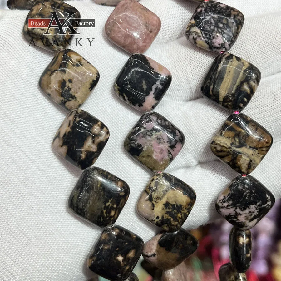 Natural Black Line Rhodochrosite Oblique Square Shape Loose Beads Jewelry Making DIY Necklace Bracelet Accessory 15''15mm