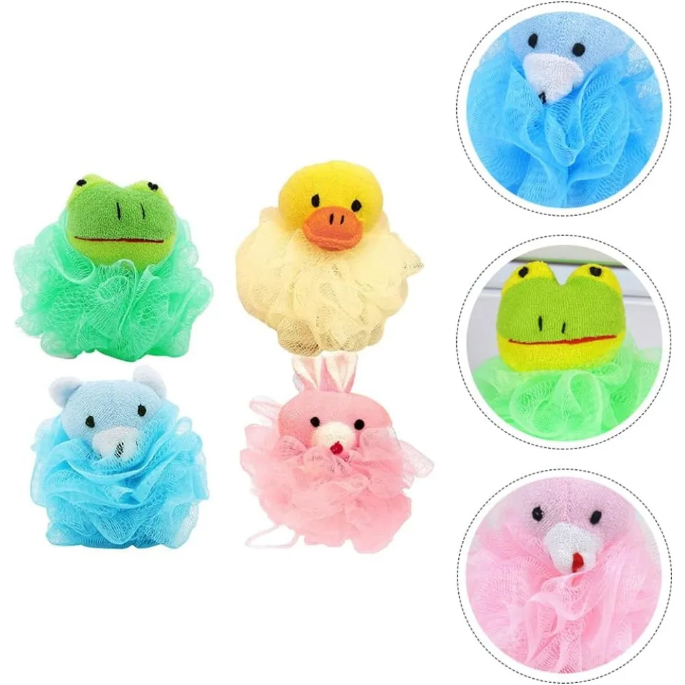 Éponges de bain en maille bouffante, Pouf de bain de dessin animé, avec animaux en peluche, Loofah, épurateurs corporels pour tout-petits, lapin, ours, canard, grenouille, Design