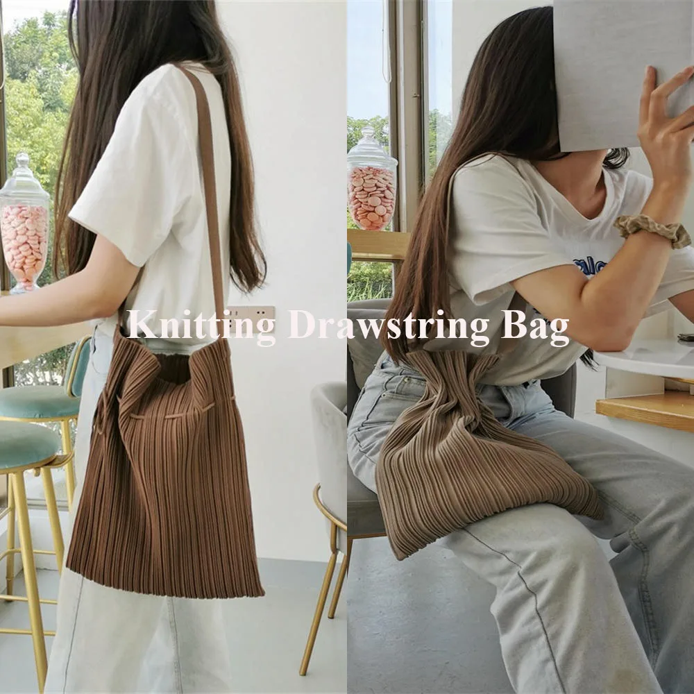 Female Bag Niche Design Wool Knitting Drawstring Fold Bucket Bag For Women Fashion Korea Simple Shoulder Messenger Bag