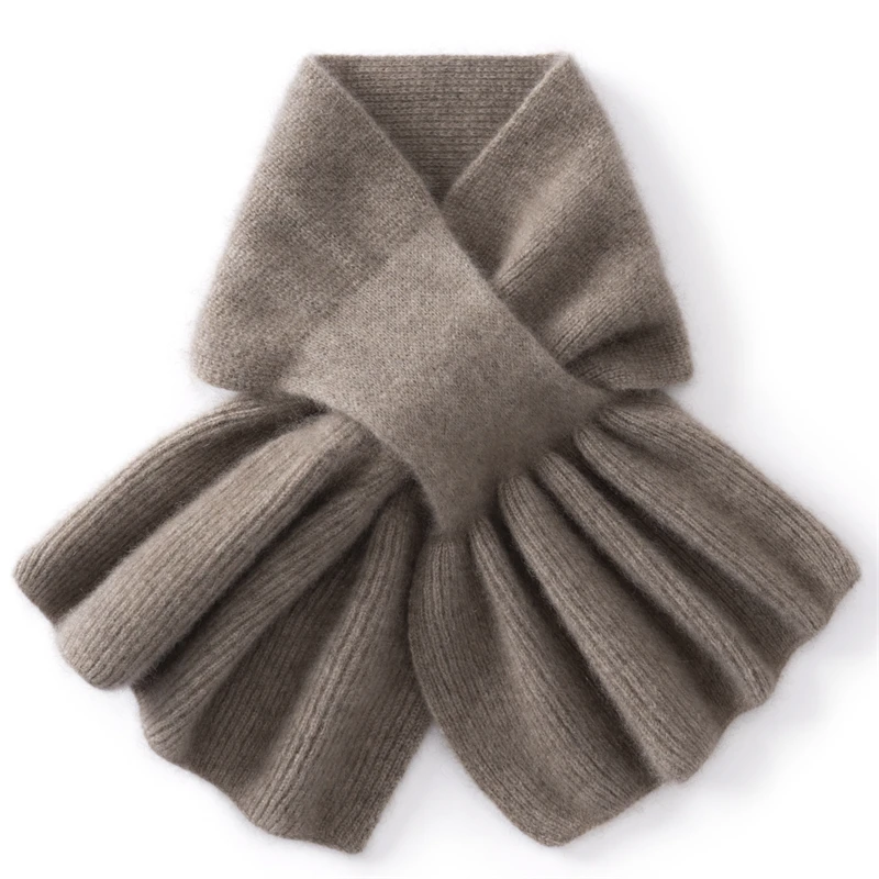 KOIJINSKY 100% Pure Cashmere Cross Scarf 70×15cm Pleated Hem No-Tie Neck Warmer for Women Winter Daily Wear Gift