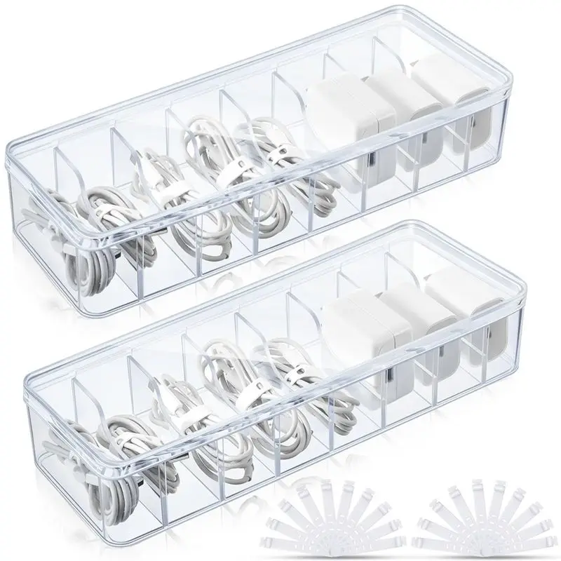 A11E-2Pcs Cable Storage Box With Wire Ties, Clear Cord Storage Box , Organizer For Home Office Desk Organizers