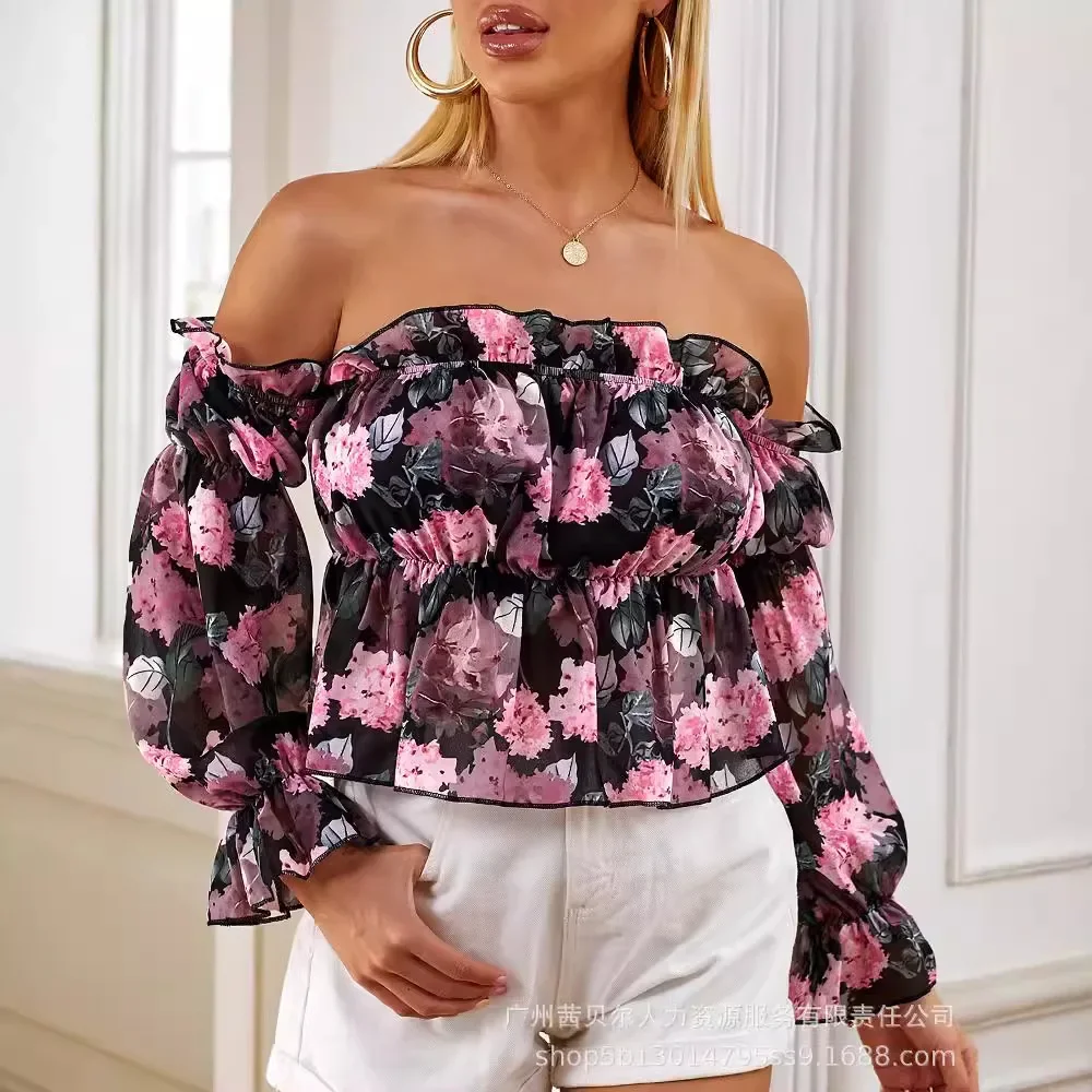 Women's Strapless Long-sleeved Flower Print Off Shoulder Ruffle Shirt Blouse Top