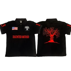 Retro Street Hip Hop Short Sleeve Shirt Y2k Men Casual Haunted Mound Polo Shirt America Embroidery Cotton Top Baseball Clothing