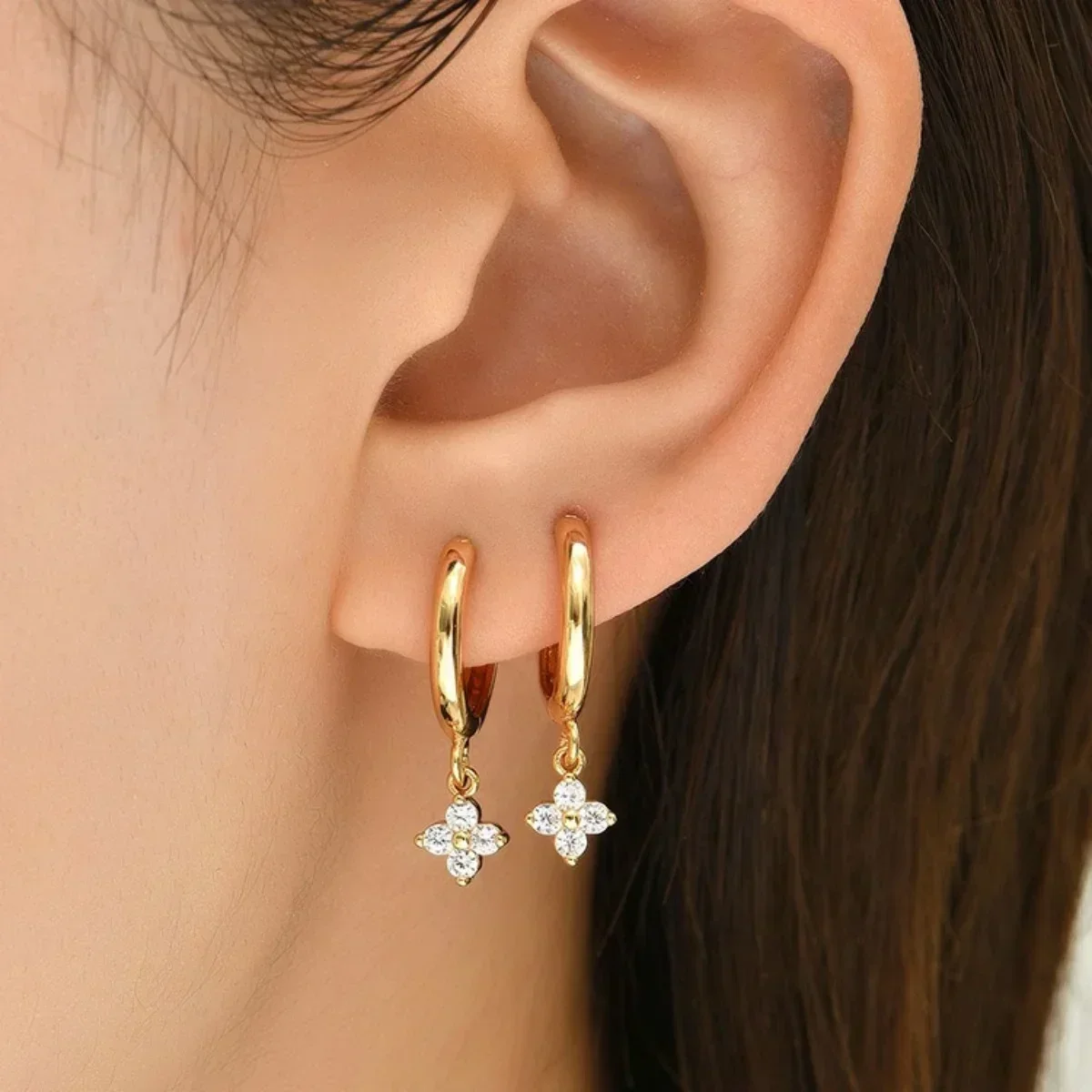 Dainty Crystal Clover Drop Hoop Earrings, Anti-Allergy Gold Plated Lucky Clover Charm Earrings, Sweet Gift for Her