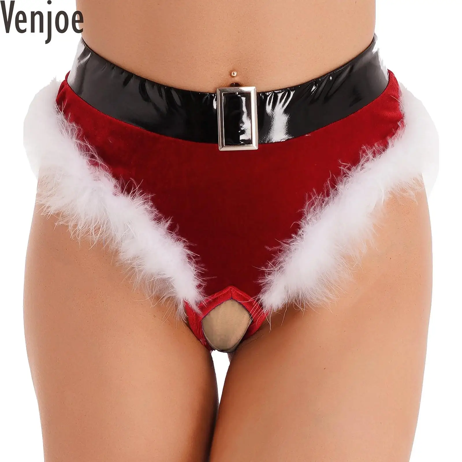 Womens Velvet Christmas Briefs Crotchless Santa Thong Sexy Fancy Dress Panties New Year Holiday Party Santa Claus Underwear