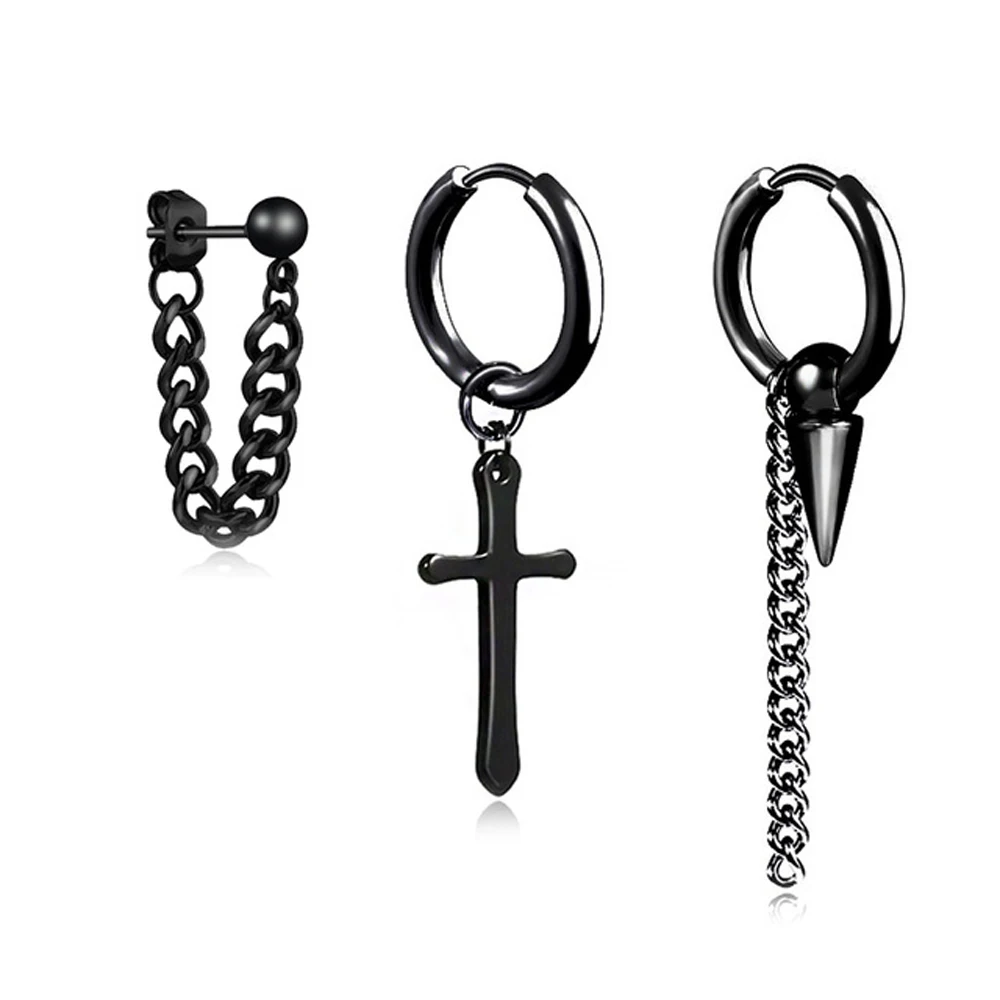 Kpop Earrings for Men Women With Charm Ball Cone Dangles Black Stainless Steel Hip Hop Punk Earrings for Teens