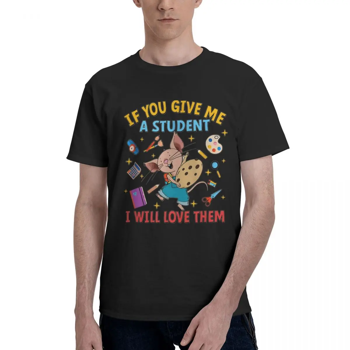 Move Cute Mouse With School Supplies Tshirt Champion Top Quality Vintage Travel Eur Size