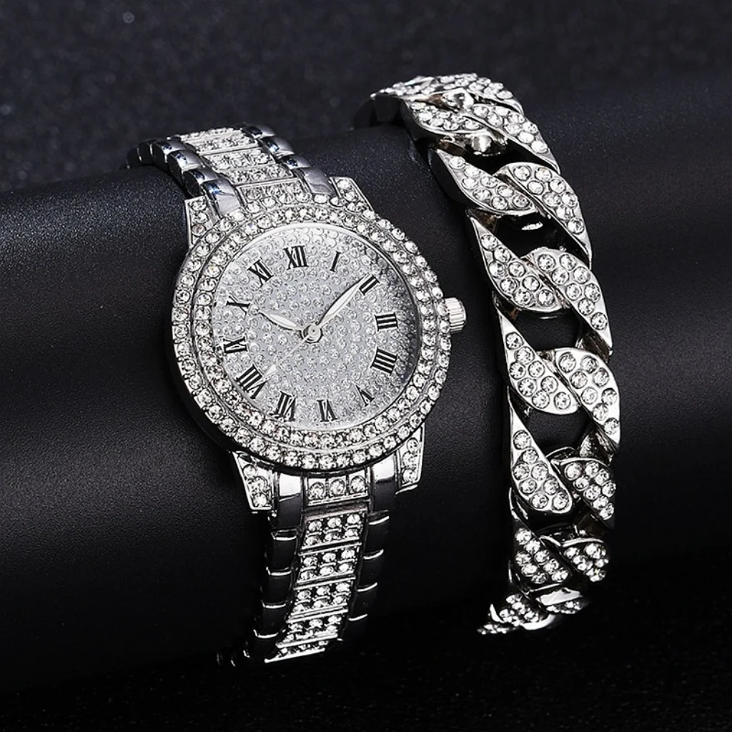 New Fashion Luxury Diamond Women Watches  Bracelet Set Cuban Stainless Steel Bracelet Ladies Wristwatches 2023 Jewelry Gifts