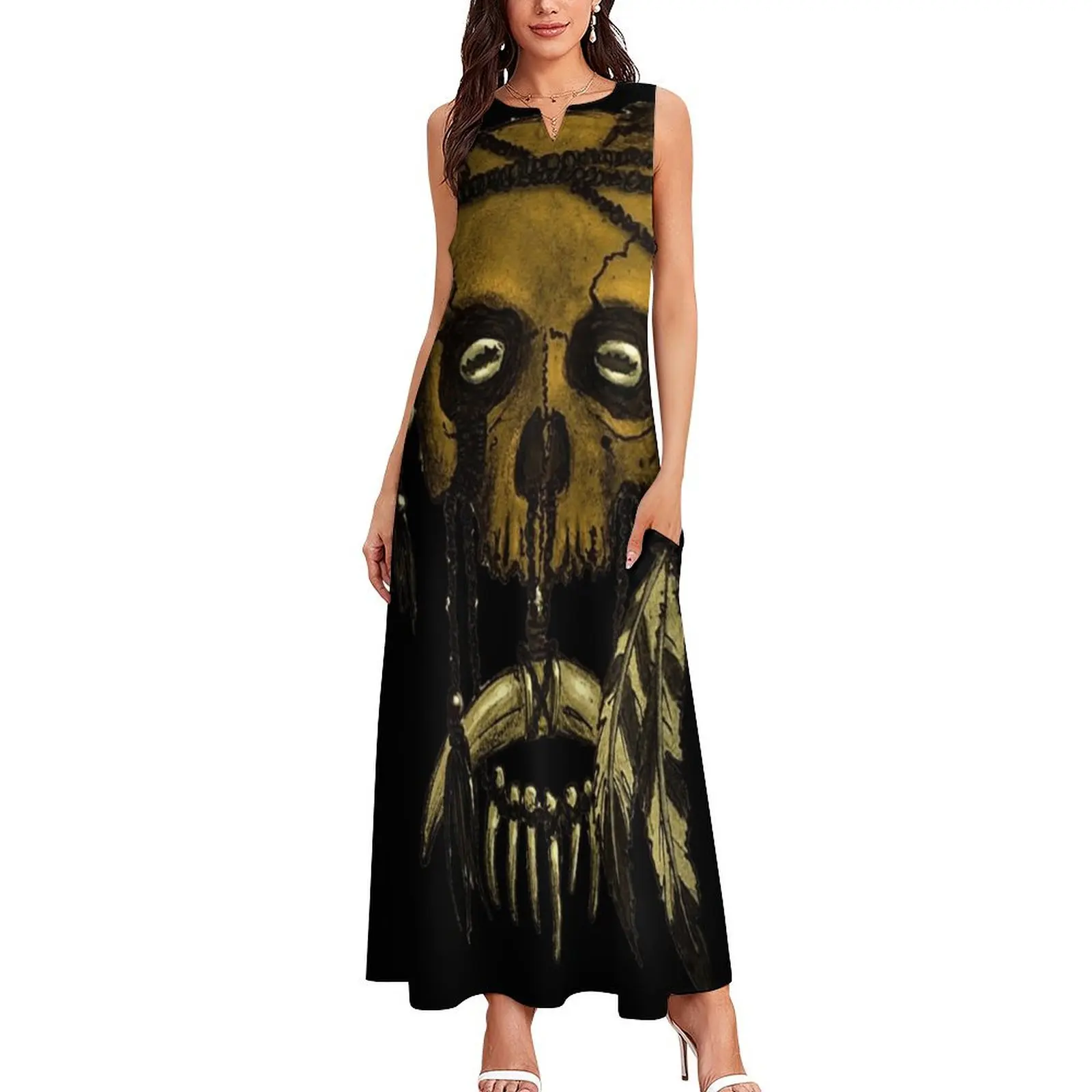 Dayak tribal trophy headhunter skull with rat skulls and feathers drawing Long Dress purple dress summer dress women 2025