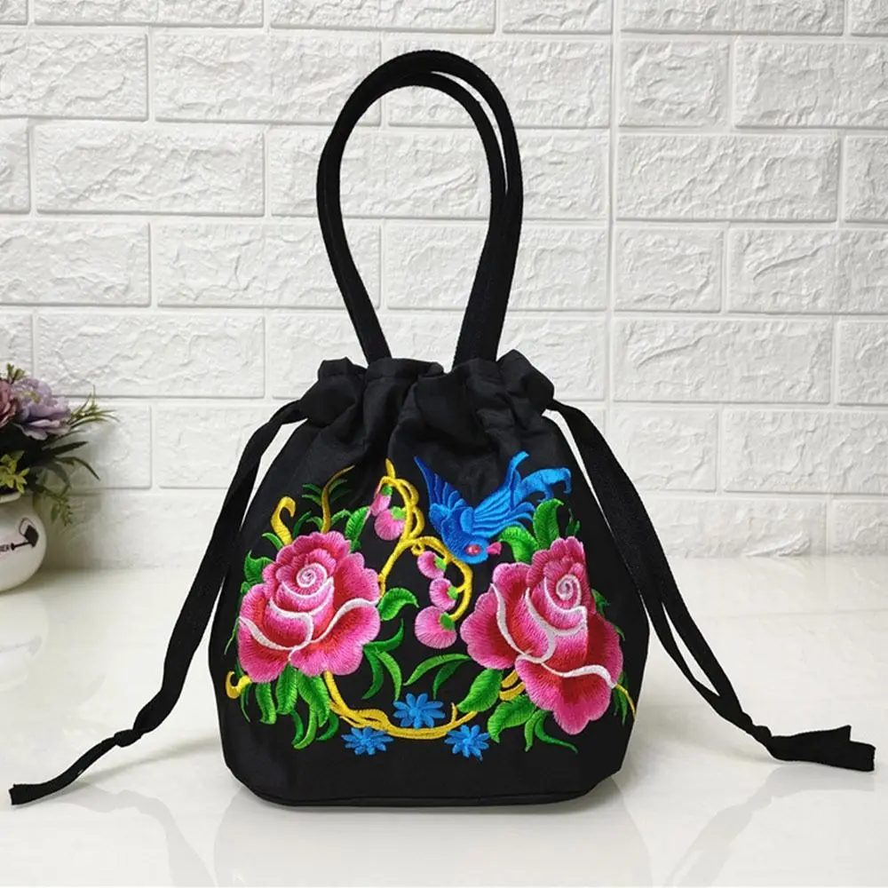 

Fashion Top Handle Women Bucket Bag National Style Embroidered Flower Pattern Phone Bag Small Drawstring Bag Ladies