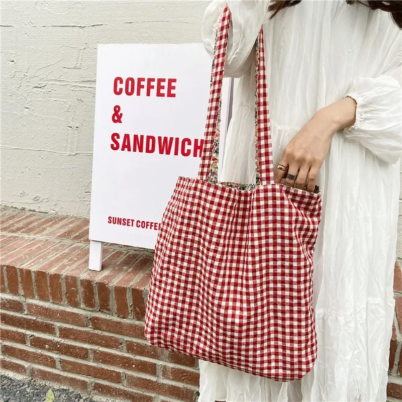 

Casual Plaid Flower Women Shopping Bag Large Capacity Ladies Daily Tote Handbags Cotton Cloth Double-sided Girls Shoulder Bags