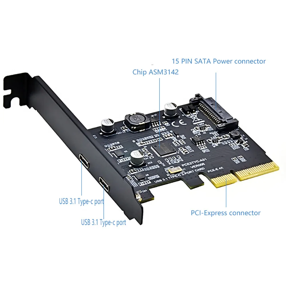 New PCI-E PCI Express 4X To USB 3.1 Gen 2 (10 Gbps) 2-Port Type C Expansion Card ASM3142 Chip 15-Pin Connector for Windows/Linux