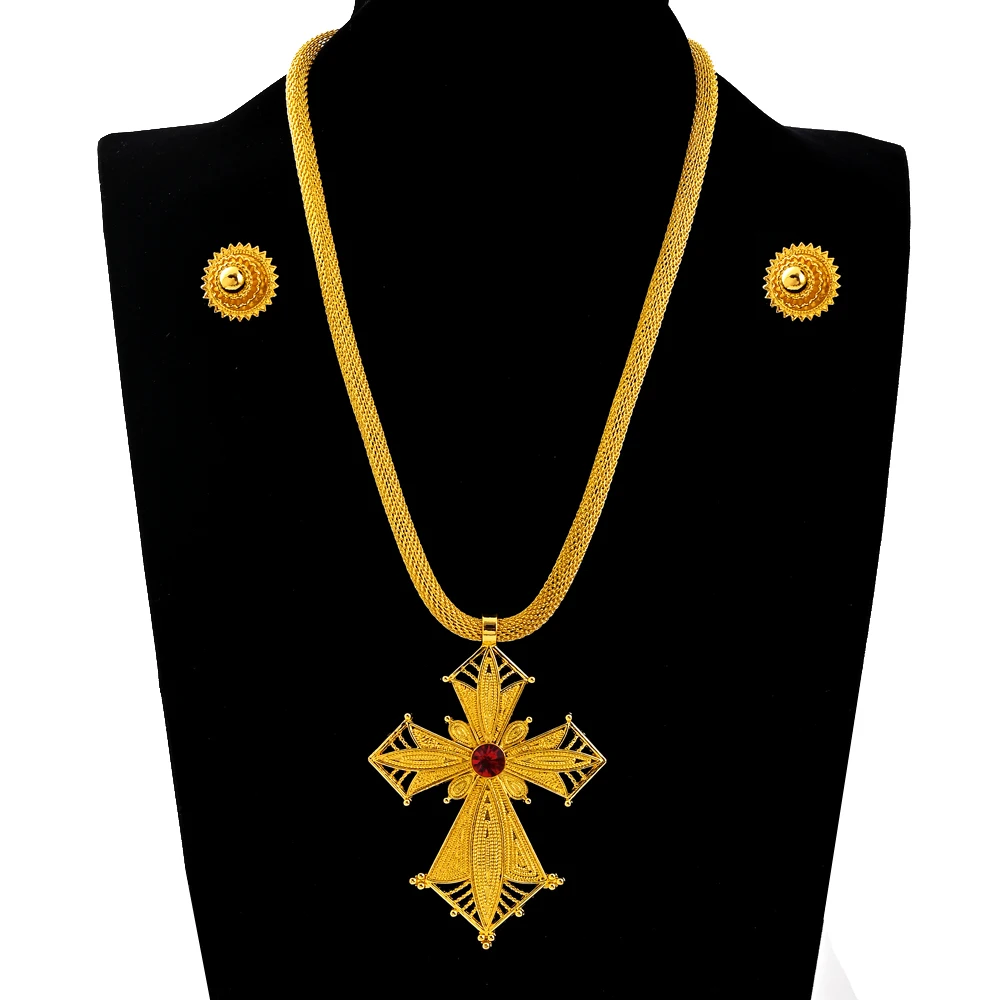 Big Cross Pendant and 2cm Earrings Women Choker Ethiopian Jewelry Sets Eritrean African Habesha