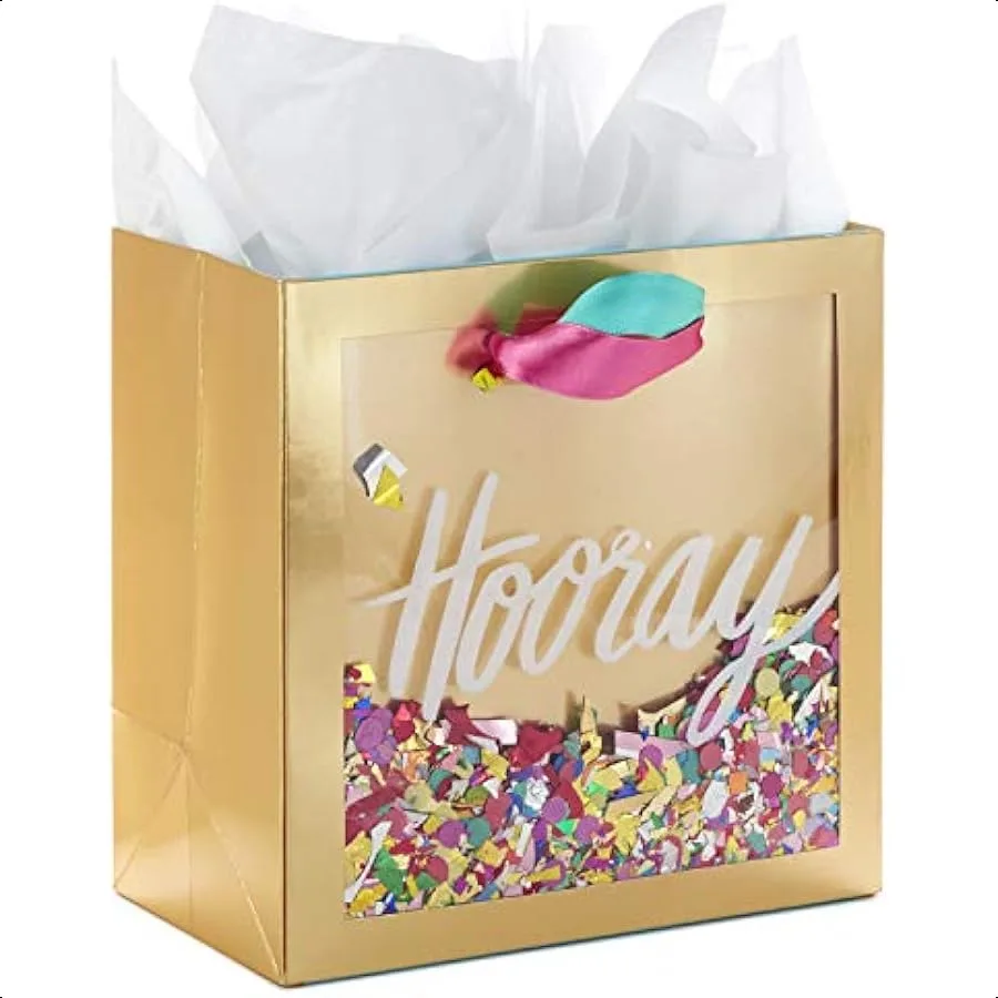 

Signature 7" Medium Gift Bag with Tissue Paper Hooray; Gold with Pink Teal Purple Confetti for Bridal Showers Graduations Retir