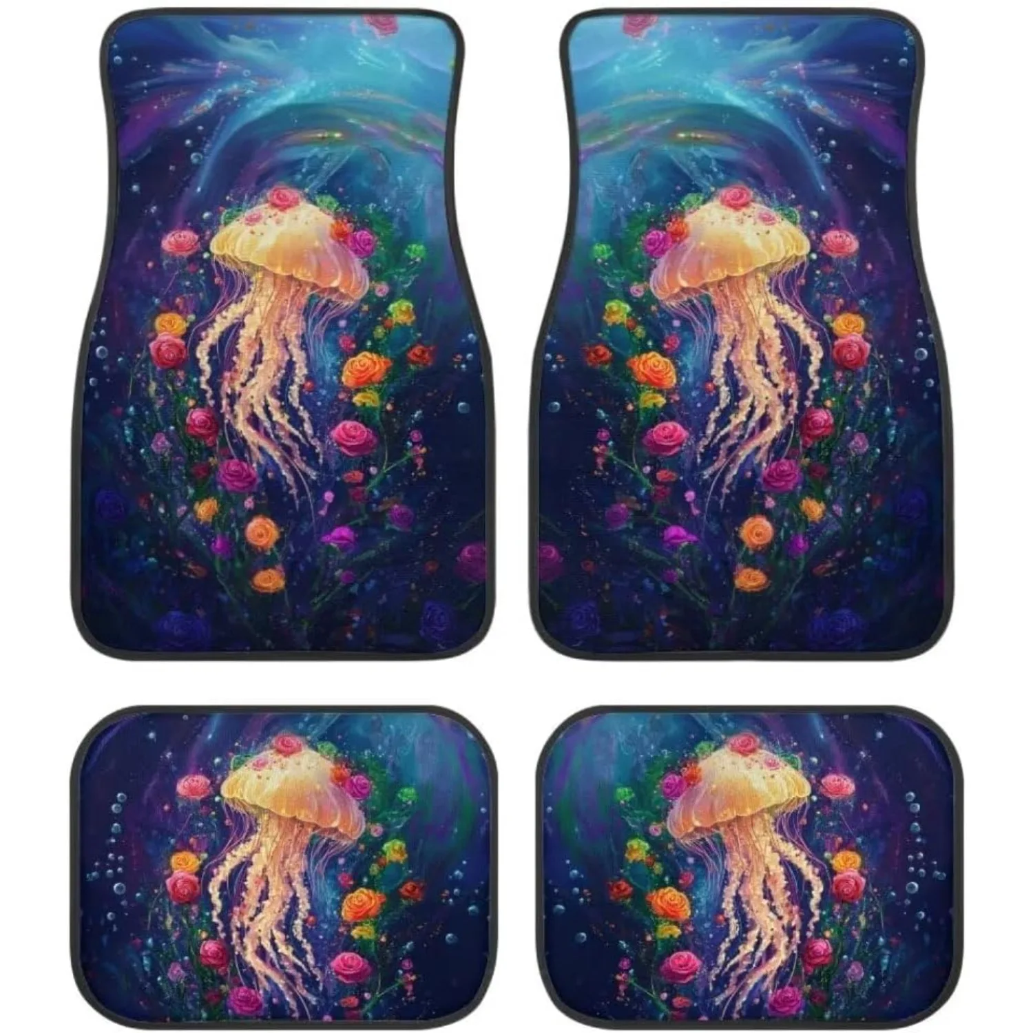 Set Of 4 Colorful Animal Mats Featuring Floral Jellyfish Design, Ideal For Cars, Suvs, And Trucks, Front And Rear Floor Mats