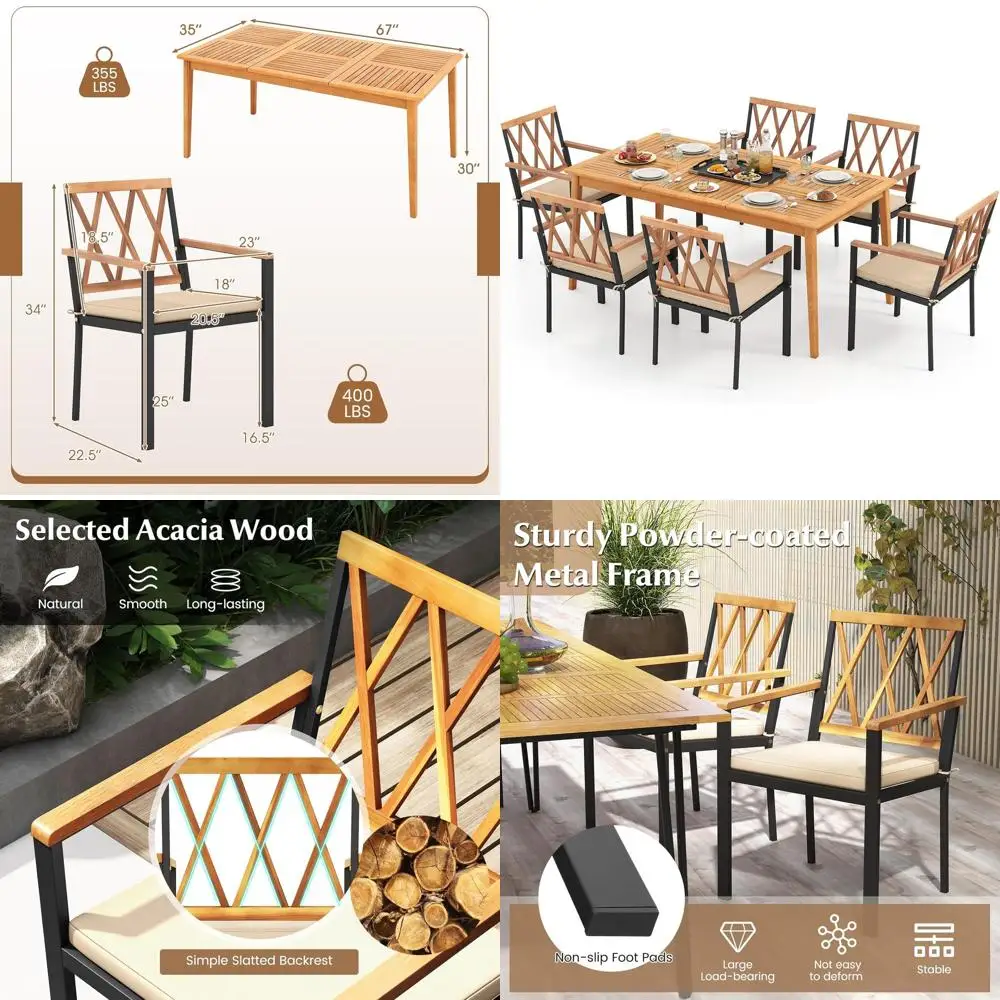 

7-Piece Acacia Wood Patio Dining Set with Umbrella Hole, Cushioned Chairs for Outdoor, Porch, Yard, Balcony