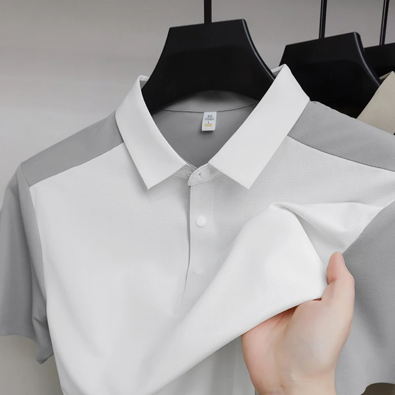 High end brand ice silk short sleeve polo shirt fashion comfort breathable men's T-shirt summer color blocking Korean casual top
