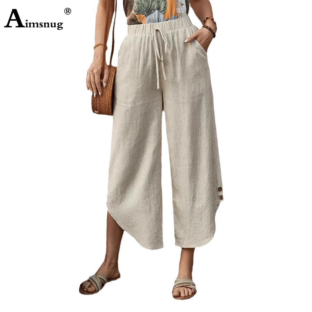 Womens Casual Linen Straight Pants Solid Apricot Stand Pocket Trousers Plus Size 3xl Women Fashion Elastic Waist Beach Pants New