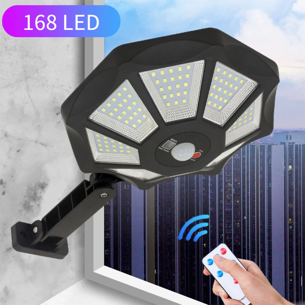 Luzes solares impermeáveis com sensor de movimento, iluminação exterior, luzes de inundação, jardim e lâmpada de rua, 12h, 168 LED