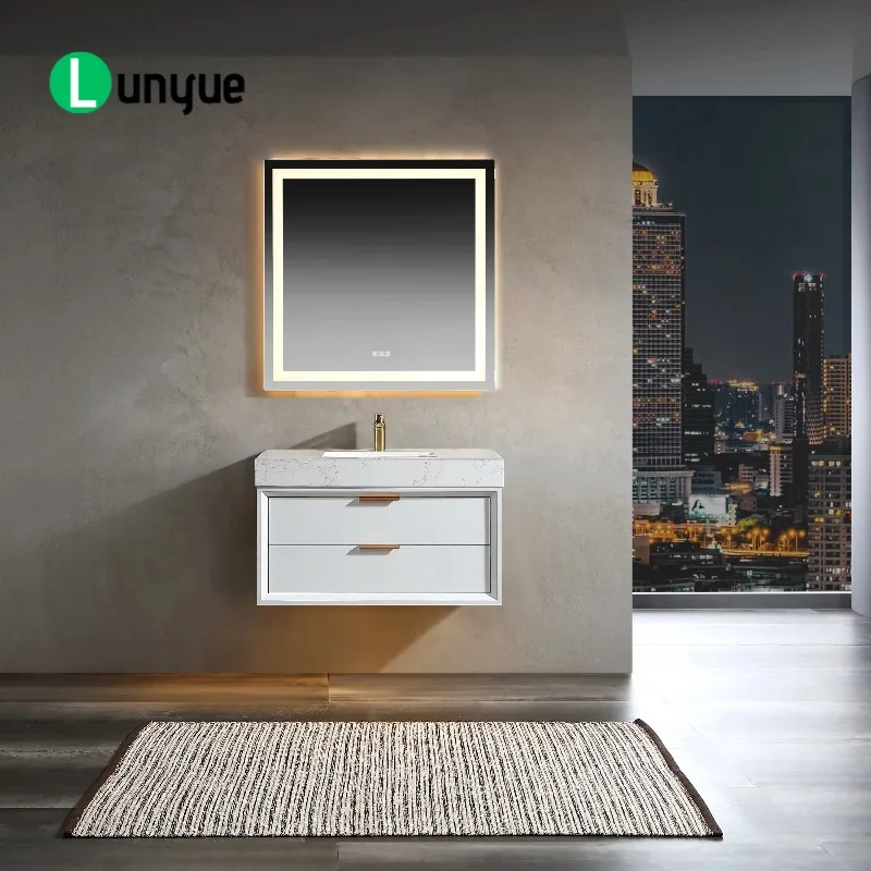 36 Inch White Beveled Edge Floating Bathroom Vanity Solid Wood Single Sink With LED Mirror US Stock Modern Home Decor