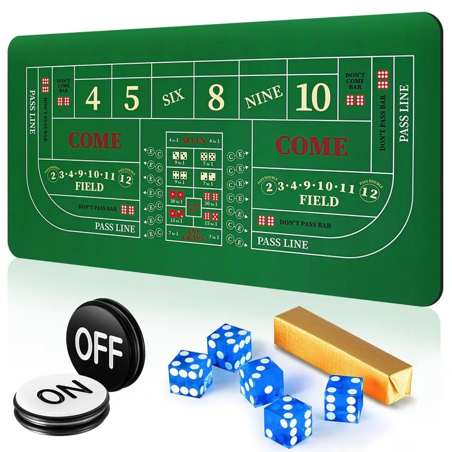 مجموعة ألعاب Craps Tabletop، تتضمن حصيرة تخطيط سطح الطاولة من المطاط مقاس 35 × 70، نرد من درجة الكازينو AAA مقاس 19 مم، وأزرار تشغيل 3 بوصة