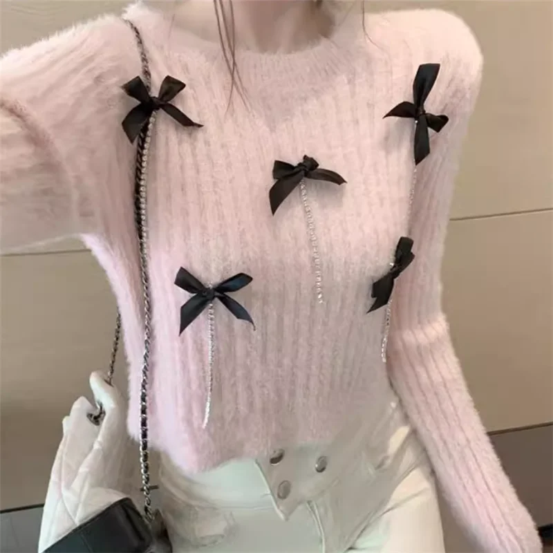 

2025 New Fall Winter Sweet Bow chic Short Sweater Fashion O Neck Long Sleeve Knitted Top Blue Pink Slim Pullover Bottoming Shirt