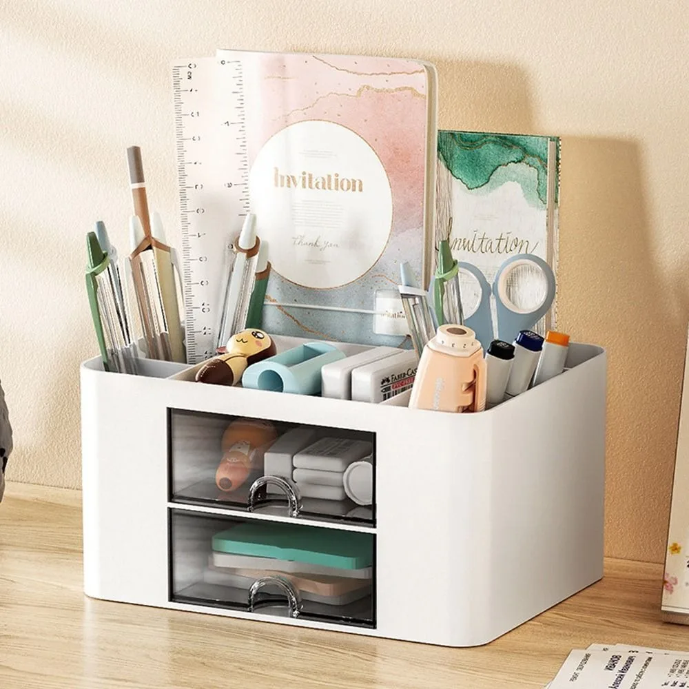 Large Capacity Stationery Storage Box PSHIPS Multifunction Desktop Storage Case With Drawers Solid Color Desk Organizer