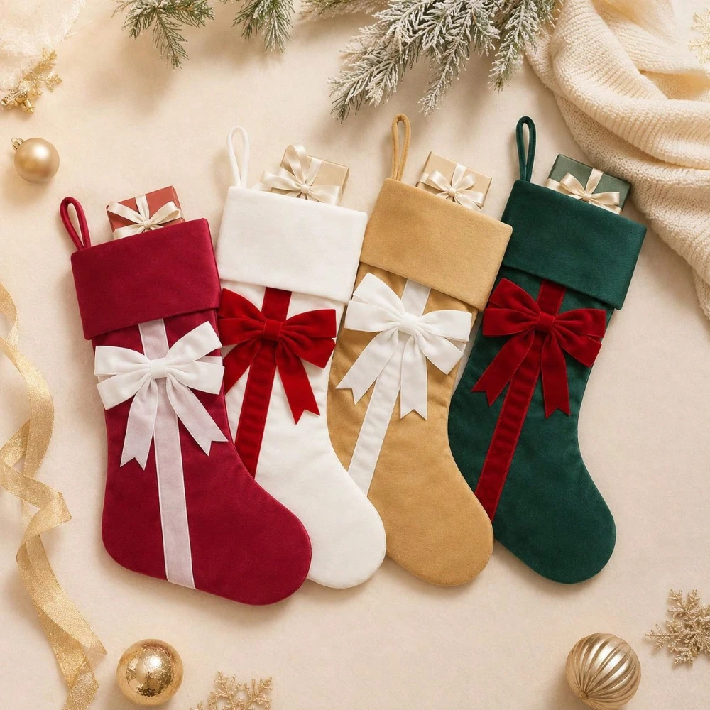 Soft Holiday Decoration Stocking Hanging Christmas Stocking Velvet with Fabric Body For Christmas Decoration Candy Storage