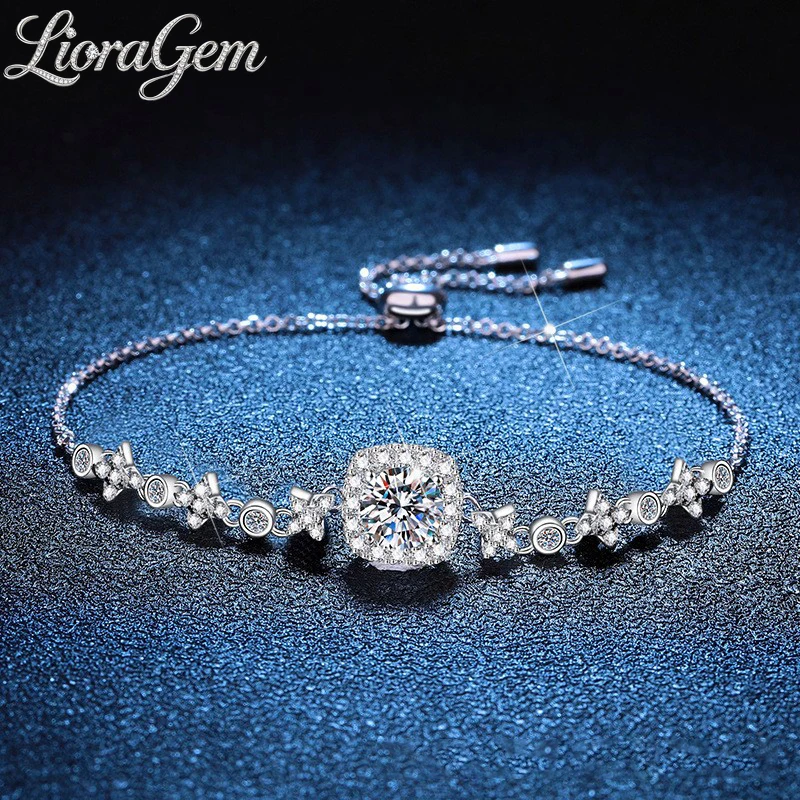 LioraGem 1-Carat Moissanite Adjustable Bracelet, Square-Shaped Star-and-Moon Diamond-Set Bangle Platinum PT950 Stamp