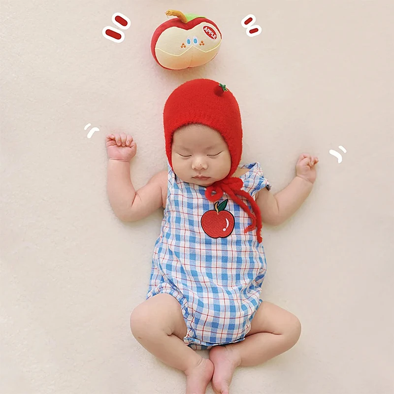 과일 테마 신생아 사진 의상 아기 패션 체크 무늬 점프 슈트 Apple Posing Dolls 0-1 개월 유아 출생 사진 촬영