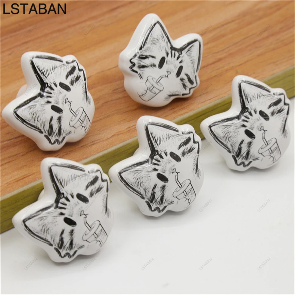 Cute Cartoon Cat Ceramic Kitchen Cabinet Knob Single Hole Drawer Pull Kids Room Wardrobe Cupboard Handle Furniture Decor Knobs
