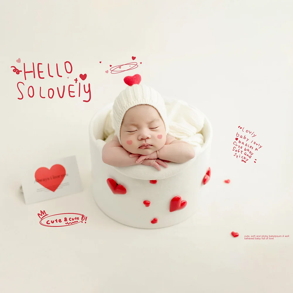 Newborn Cute Love Photography Theme Set Knitted Hat Soft Stretch Wrap Red Love Decorative Props Baby Shooting Props Accessories