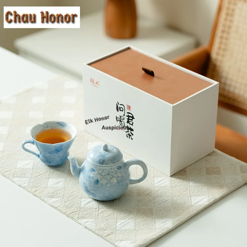 

Чайный сервиз Pure, ручная роспись, синяя бабочка, полный набор, традиционный набор для чайной церемонии, набор чайников и чайных чашек, китайский чайный сервиз