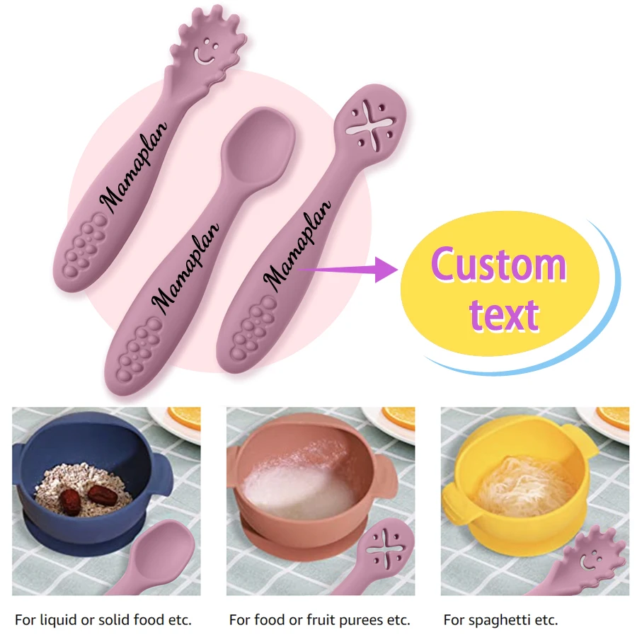 

Custom Name 3PCS Baby Silicone Spoon Fork Set Toddler Training Utensils Soft BPA Free Feeding Cutlery Childrens Tableware Gift