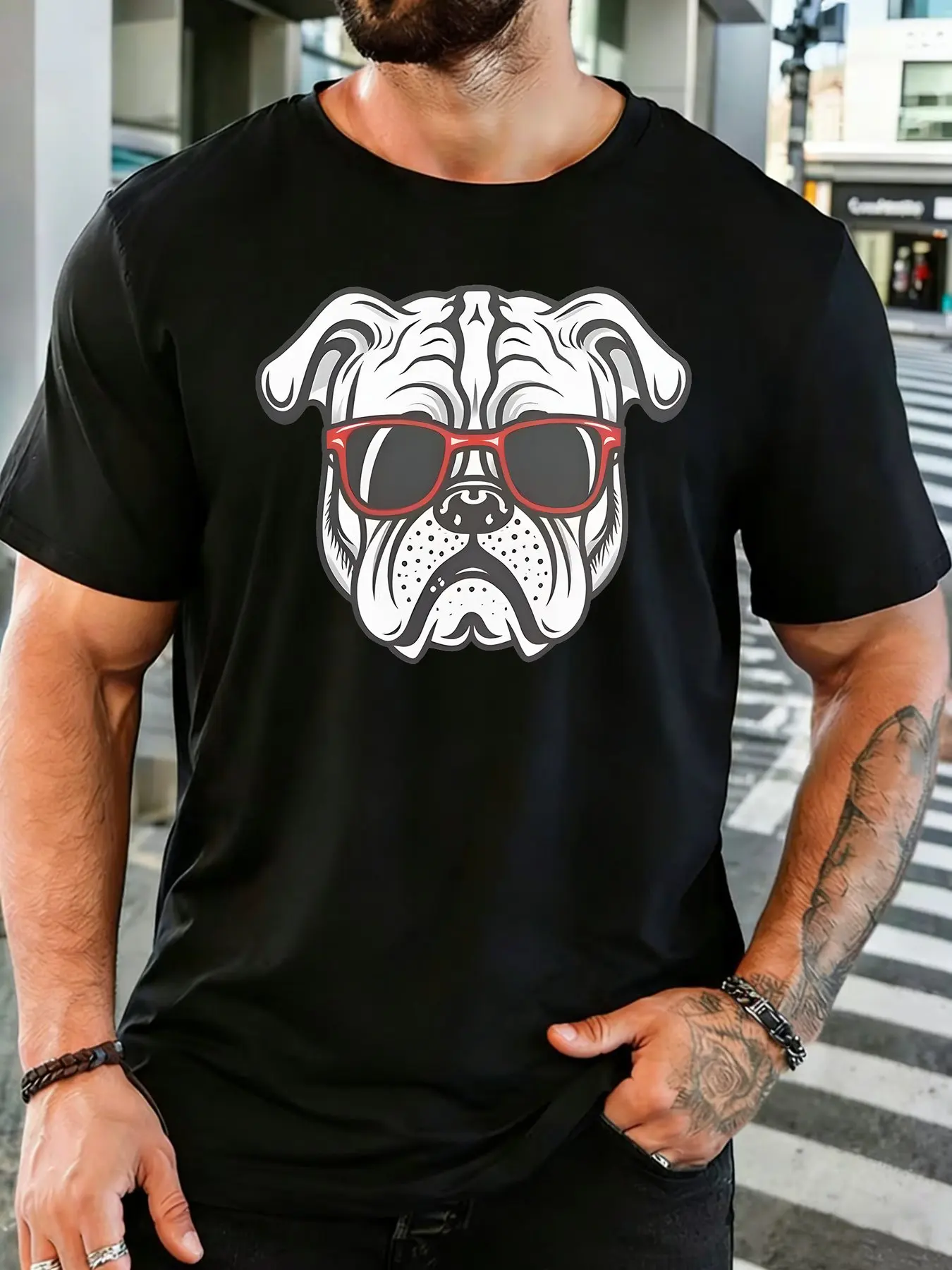 Mens Cotton Tee Cool Bulldog With Red Sunglasses Cartoon Graphic O Neck Short Sleeve Loose Casual Summer Top For Dog Lover Men