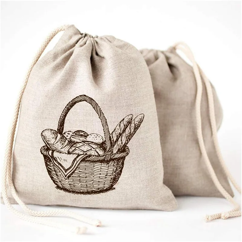 

FO-Linen Bread Bags -2 Pack Art Design Natural Unbleached Linen Reusable Food Safe Storage For Homemade Artisan Bread Durable