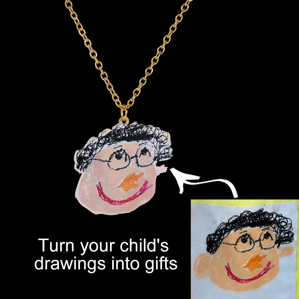 Customized Children's Drawing Necklace Personalized Colorful Kid's Art Necklace Stainless Steel Women Kids Family Jewelry Gift view 2