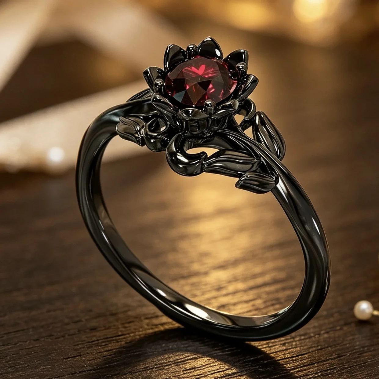 Vintage Black Lotus Flower Gemstone Ring for Women, Gothic Dark Style Engagement Promise Ring Jewelry Gift for Wife Girlfriend