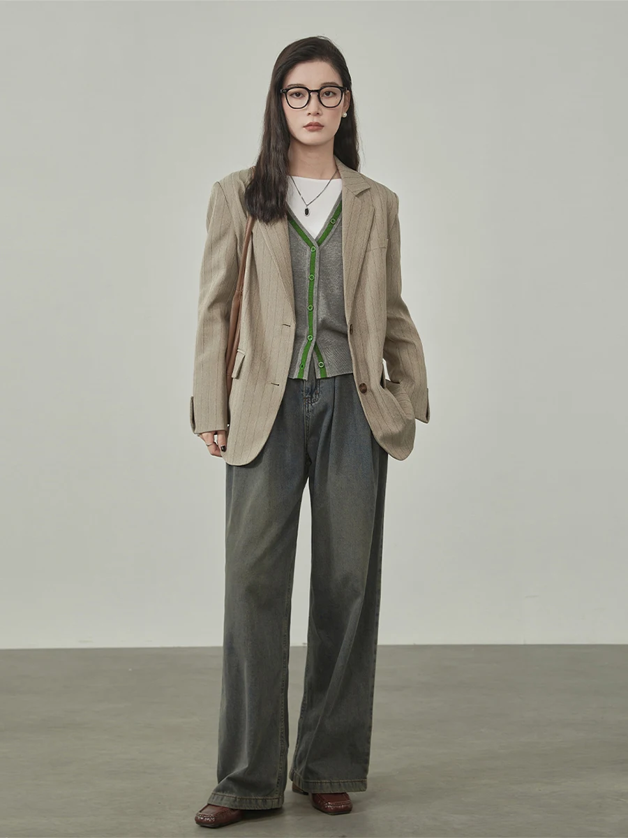 

Женский костюм в полоску в стиле ретро, универсальный костюм Ele Quali, весна 2023, Новое поступление, длинный свек, свободный крой