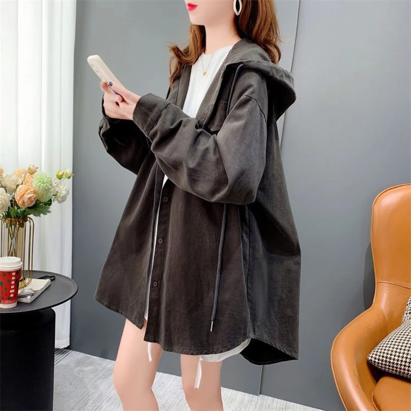 Koreaanse blouses met lange mouwen en capuchon, lente herfst, nieuwe mode, middellange losse top met lange mouwen, streetwear dameskleding